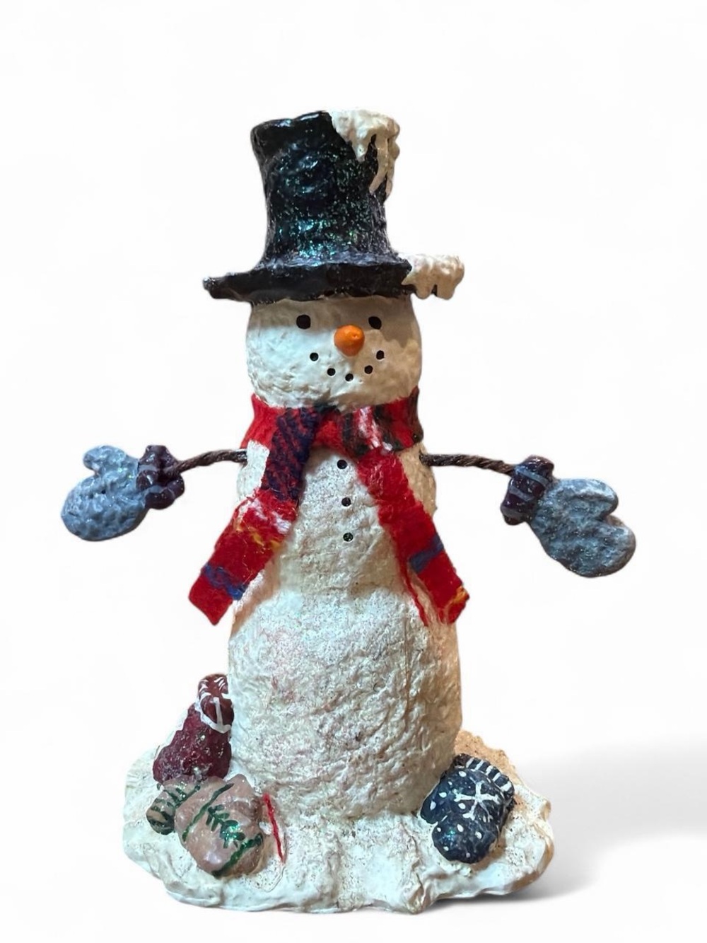 Vintage Enesco Snowman Figurine with Black Hat, Red Plaid Scarf, Blue Mittens